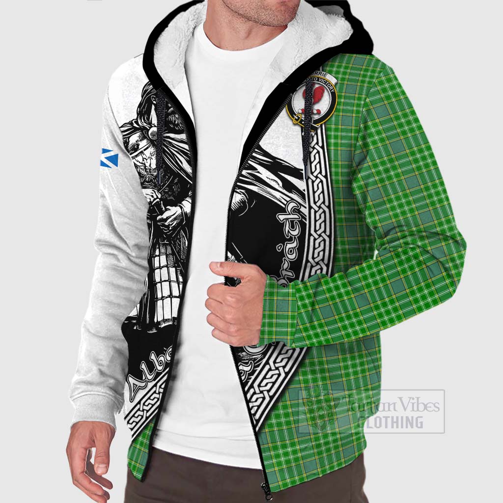 Tartan Vibes Clothing Currie Tartan Clan Crest Sherpa Hoodie with Highlander Warrior Celtic Style