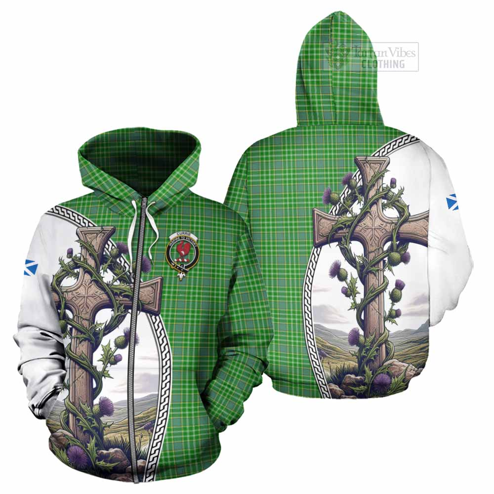 Tartan Vibes Clothing Currie Tartan Hoodie with Family Crest and St. Andrew's Cross Accented by Thistle Vines