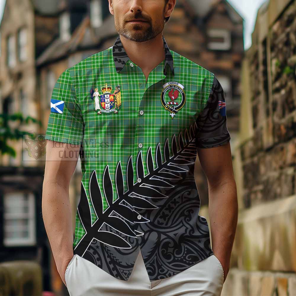 Tartan Vibes Clothing Currie Crest Tartan Short Sleeve Button Shirt with New Zealand Silver Fern Half Style