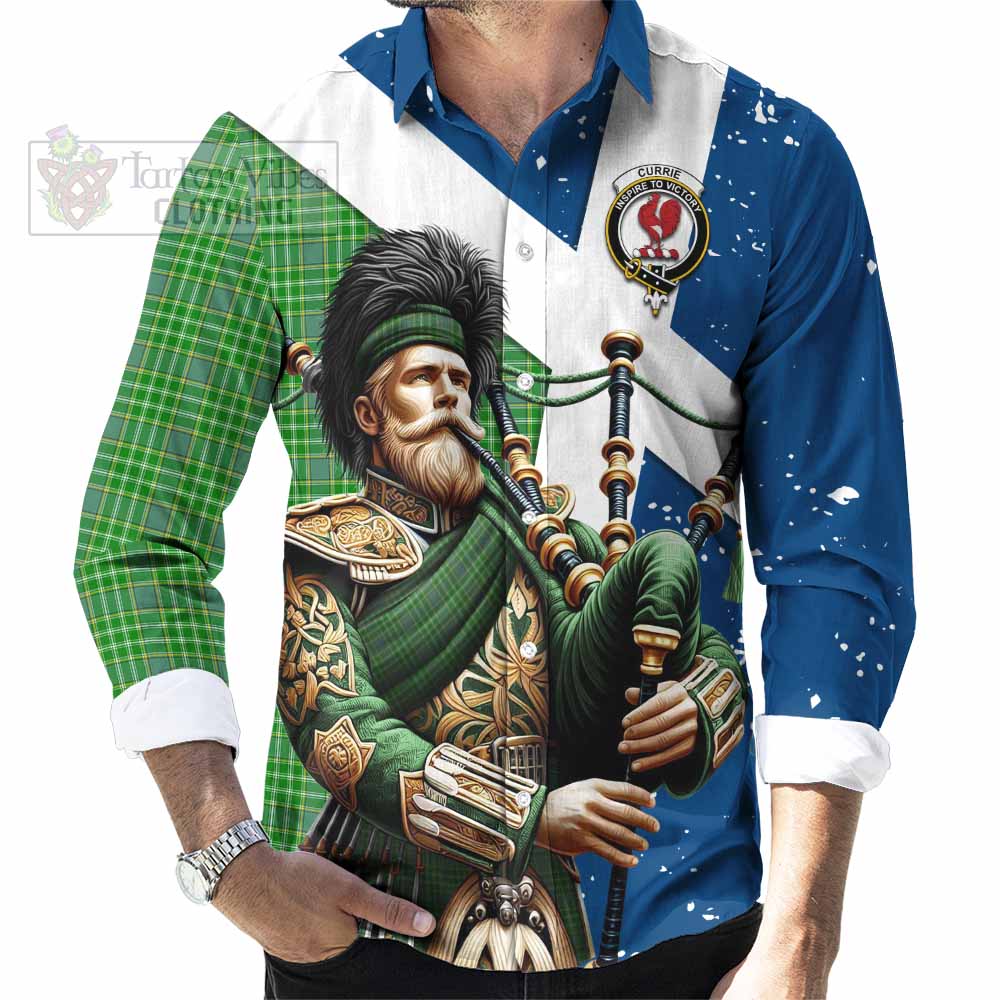 Tartan Vibes Clothing Currie Tartan Long Sleeve Button Shirt with Family Crest Scottish Bagpiper Vibes