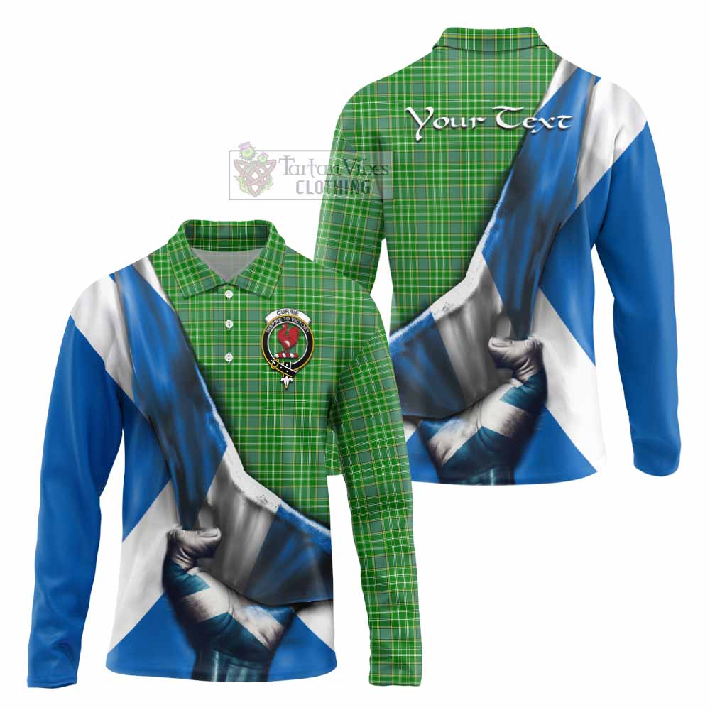 Tartan Vibes Clothing Currie Tartan Long Sleeve Polo Shirt with Family Crest Scotland Patriotic Style