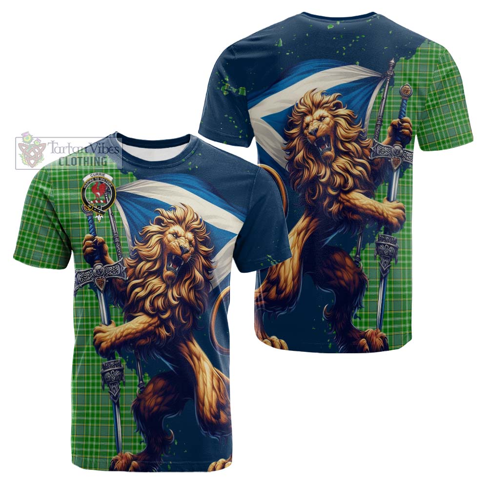 Tartan Vibes Clothing Currie Tartan Family Crest Cotton T-shirt with Scottish Majestic Lion