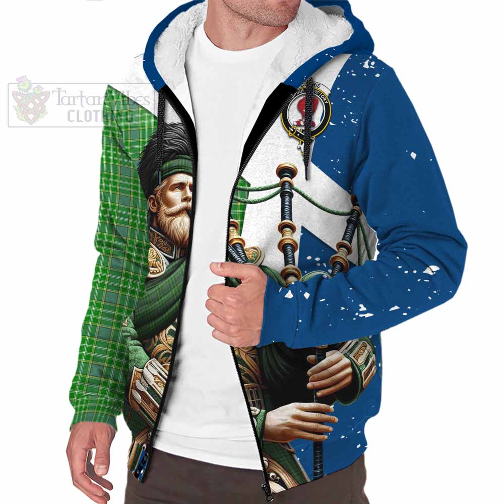 Tartan Vibes Clothing Currie Tartan Sherpa Hoodie with Family Crest Scottish Bagpiper Vibes