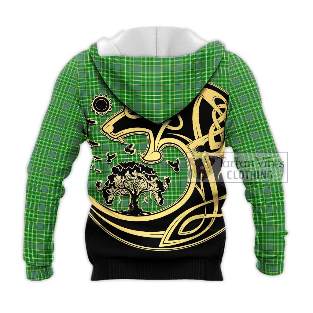 Tartan Vibes Clothing Currie Tartan Knitted Hoodie with Family Crest Celtic Wolf Style