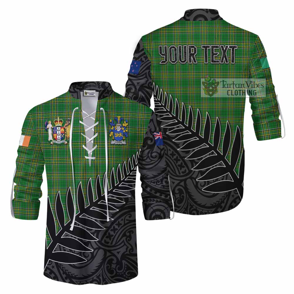 Tartan Vibes Clothing Currie Irish Clan Tartan Ghillie Kilt Shirt with Coat of Arms New Zealand Silver Fern Half Style