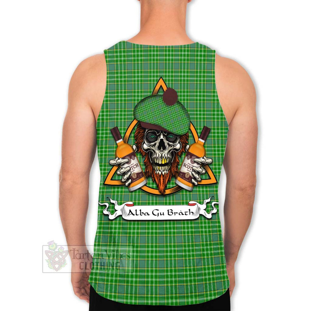 Tartan Vibes Clothing Currie Tartan Men's Tank Top with Family Crest and Bearded Skull Holding Bottles of Whiskey