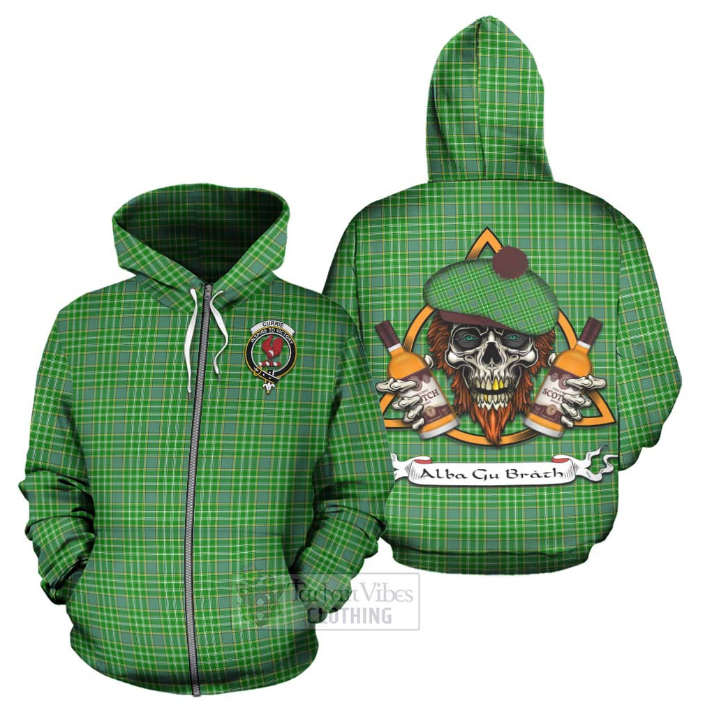 Tartan Vibes Clothing Currie Tartan Hoodie with Family Crest and Bearded Skull Holding Bottles of Whiskey