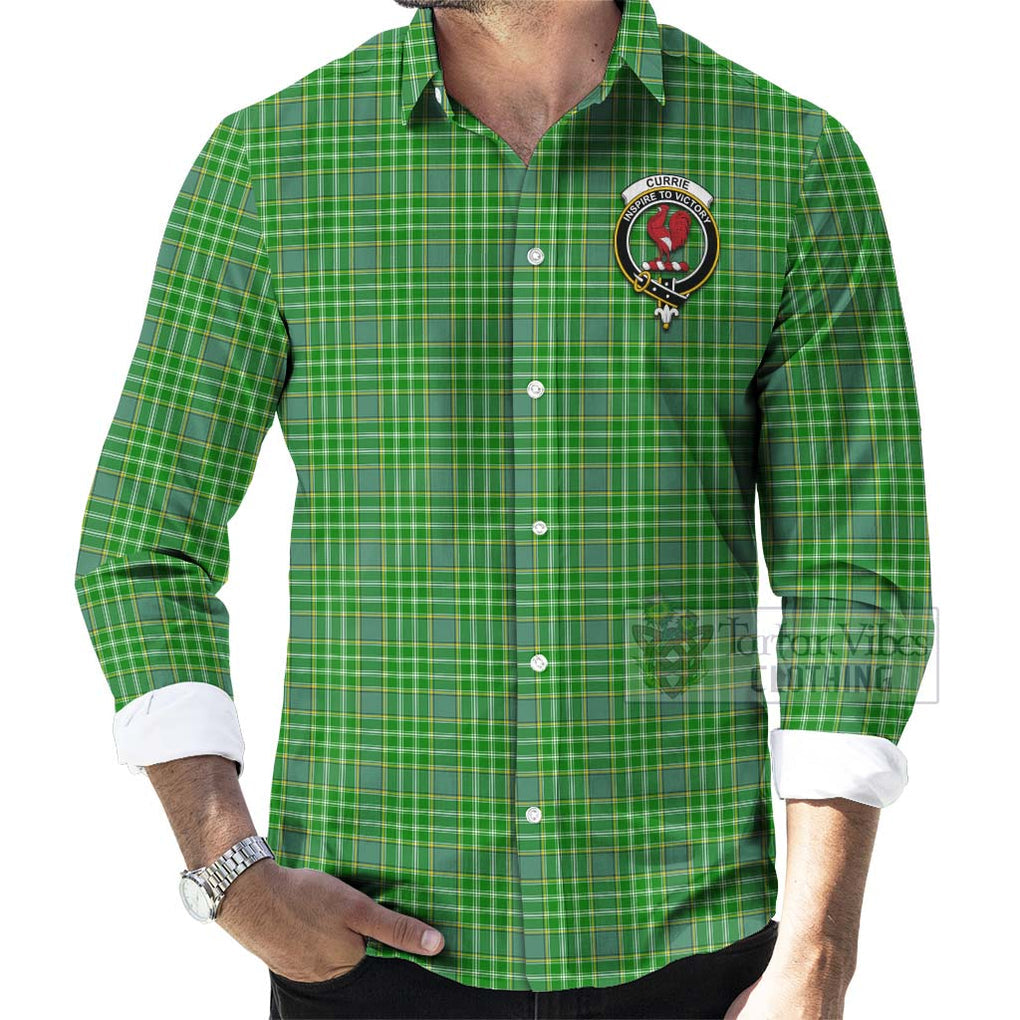 Tartan Vibes Clothing Currie Tartan Long Sleeve Button Shirt with Family Crest Celtic Skull Style