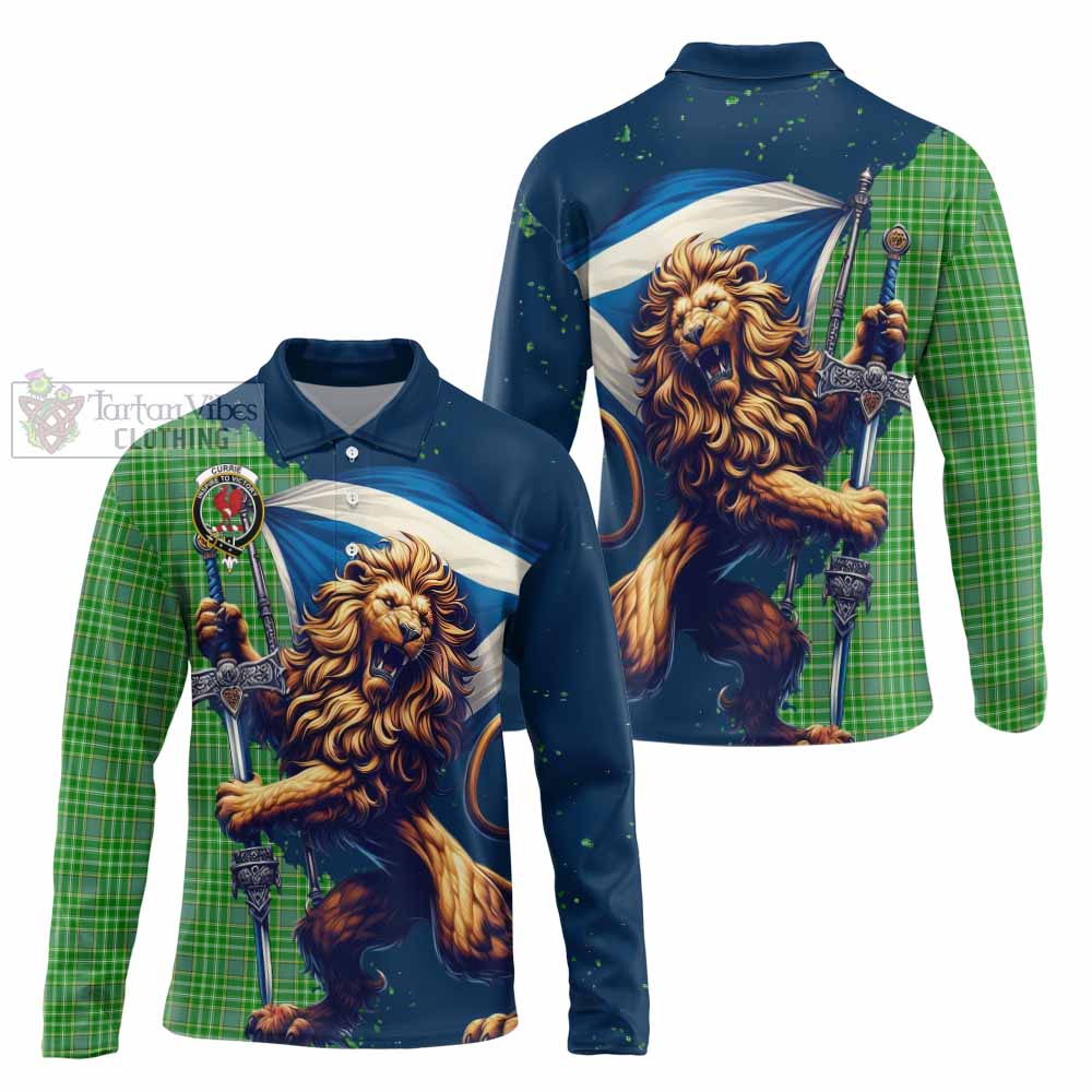 Tartan Vibes Clothing Currie Tartan Family Crest Long Sleeve Polo Shirt with Scottish Majestic Lion