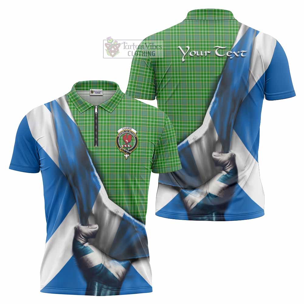 Tartan Vibes Clothing Currie Tartan Zipper Polo Shirt with Family Crest Scotland Patriotic Style