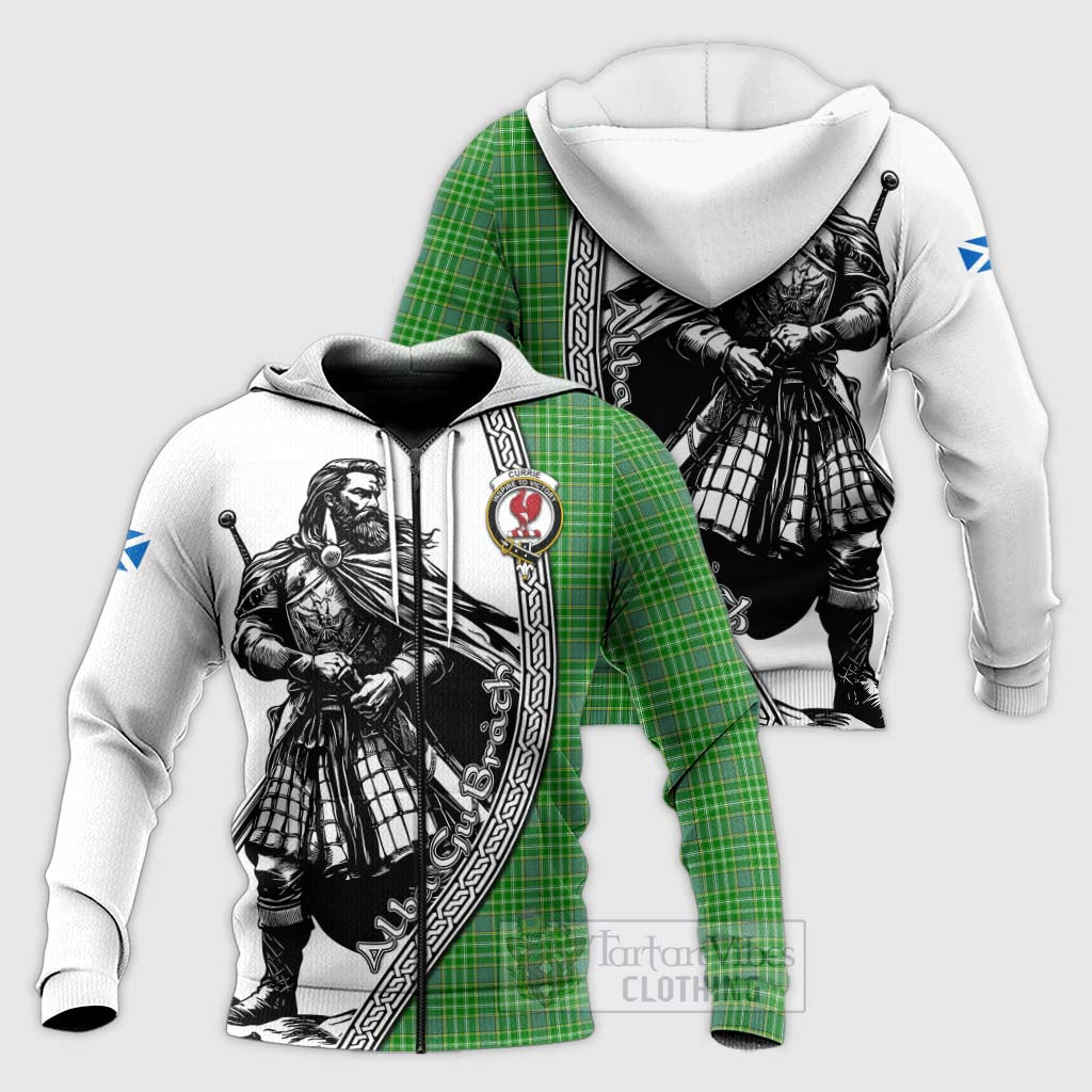 Tartan Vibes Clothing Currie Tartan Clan Crest Knitted Hoodie with Highlander Warrior Celtic Style