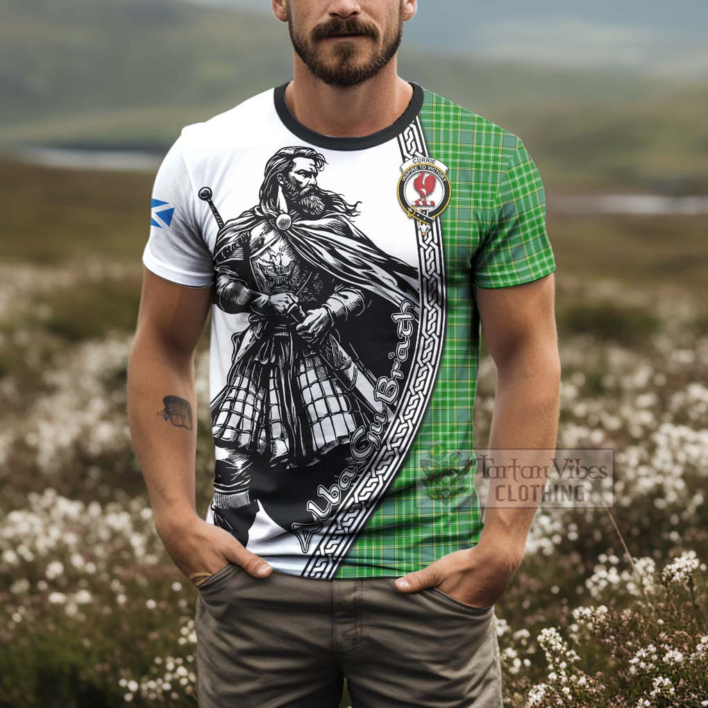 Tartan Vibes Clothing Currie Tartan Clan Crest T-Shirt with Highlander Warrior Celtic Style