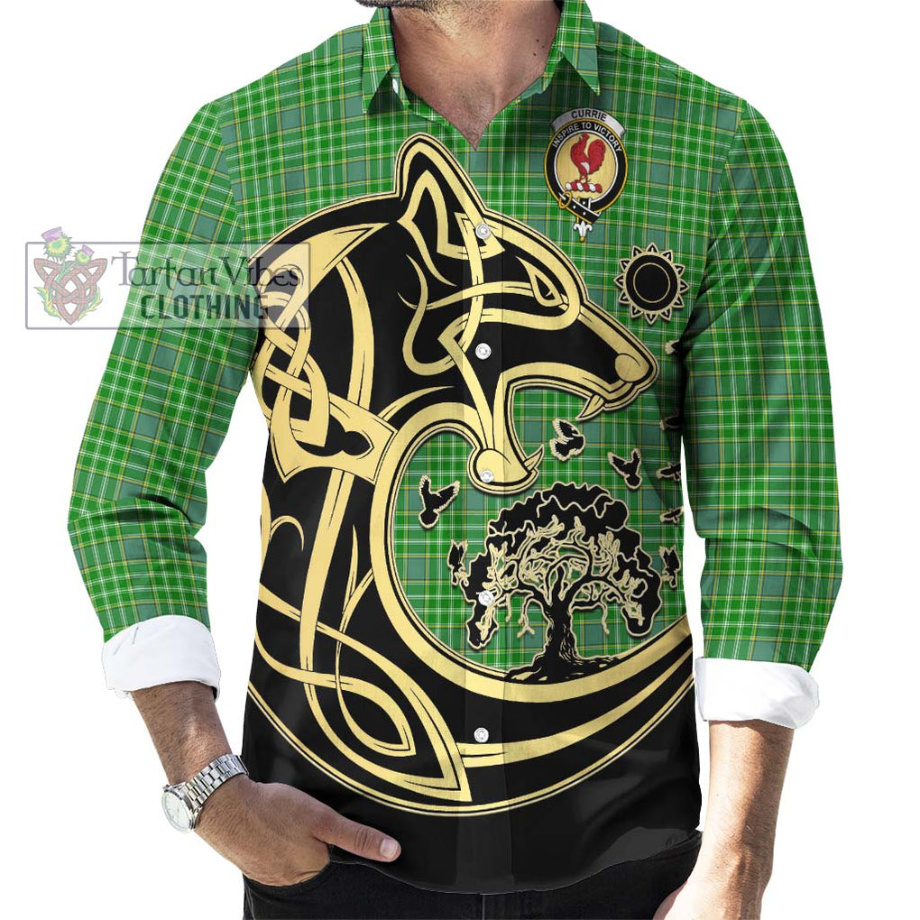 Currie Tartan Long Sleeve Button Shirt with Family Crest Celtic Wolf Style - Tartan Vibes Clothing