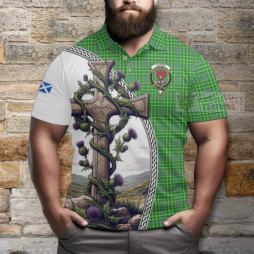 Tartan Vibes Clothing Currie Tartan Polo Shirt with Family Crest and St. Andrew's Cross Accented by Thistle Vines