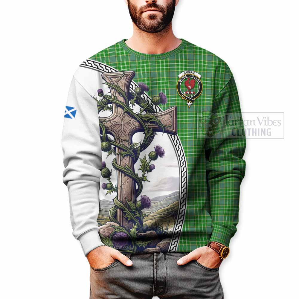 Tartan Vibes Clothing Currie Tartan Sweatshirt with Family Crest and St. Andrew's Cross Accented by Thistle Vines