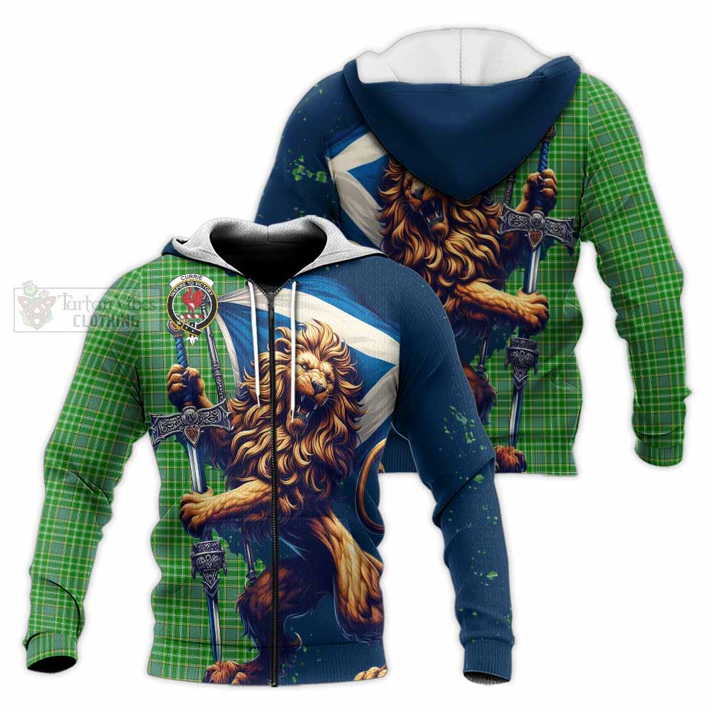 Tartan Vibes Clothing Currie Tartan Family Crest Knitted Hoodie with Scottish Majestic Lion