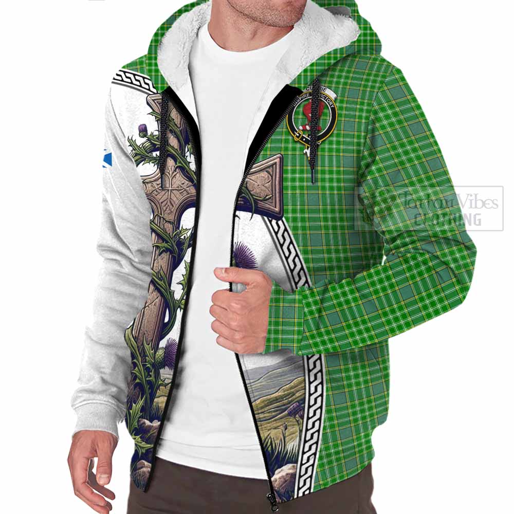 Tartan Vibes Clothing Currie Tartan Sherpa Hoodie with Family Crest and St. Andrew's Cross Accented by Thistle Vines