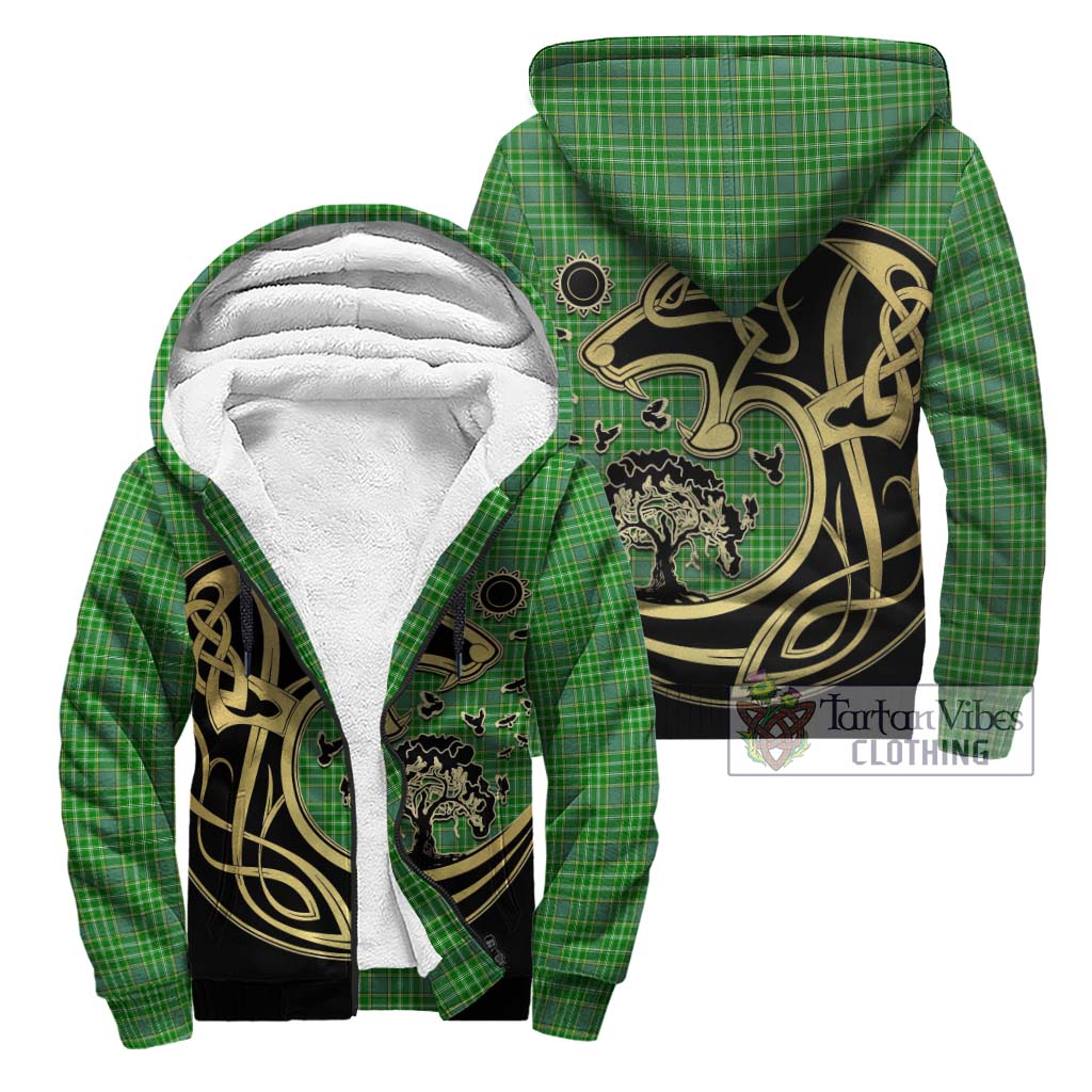 Tartan Vibes Clothing Currie Tartan Sherpa Hoodie with Family Crest Celtic Wolf Style