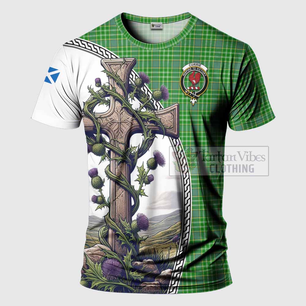 Tartan Vibes Clothing Currie Agnew Tartan T-Shirt with Family Crest and St. Andrew's Cross Accented by Thistle Vines