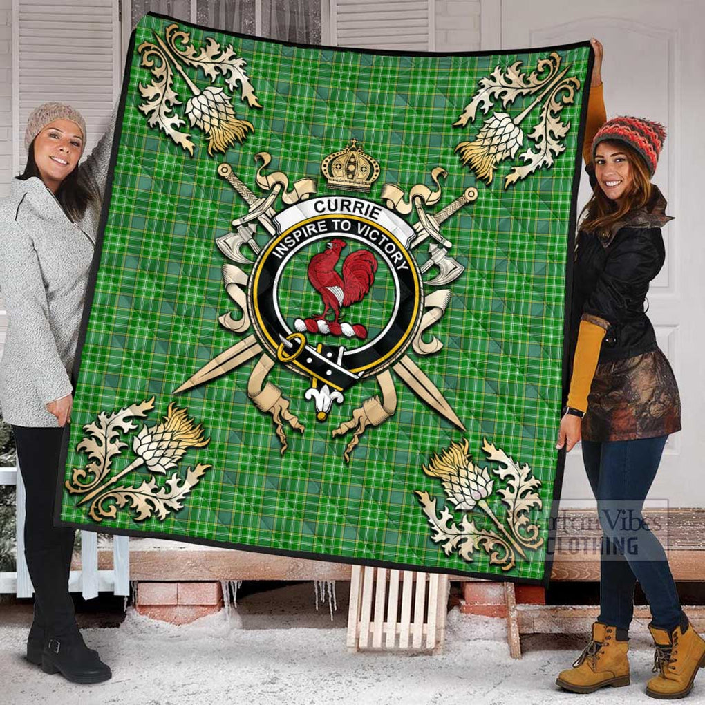 Tartan Vibes Clothing Currie Tartan Quilt with Family Crest and Scottish Golden Courage Shield