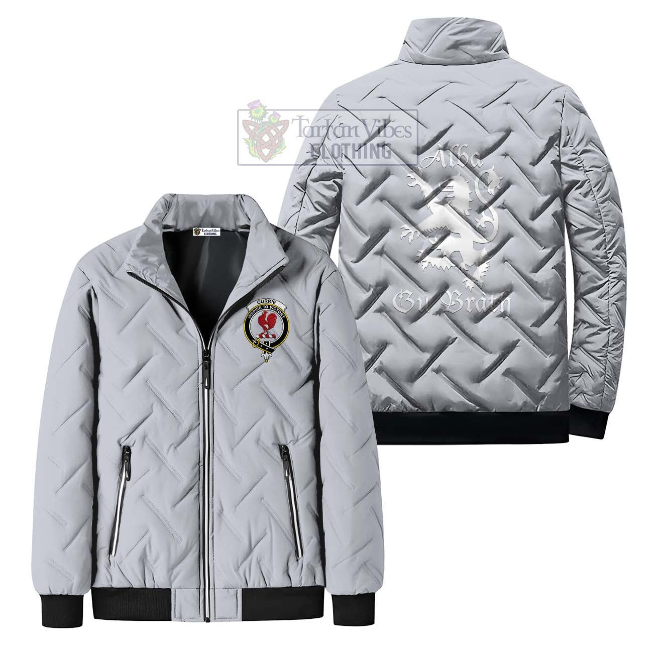 Tartan Vibes Clothing Currie Family Crest Padded Cotton Jacket Lion Rampant Alba Gu Brath Style