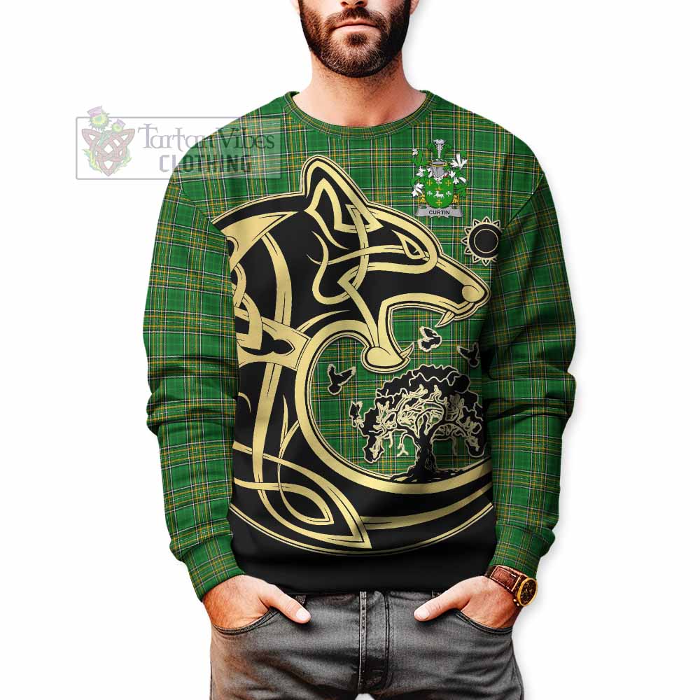 Curtin Irish Tartan Sweatshirt with Coat of Arms Celtic Wolf Style - Tartan Vibes Clothing