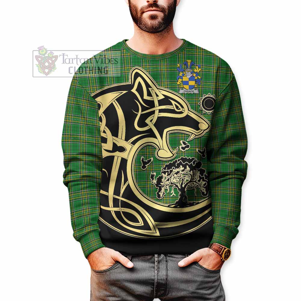 Cusack Irish Tartan Sweatshirt with Coat of Arms Celtic Wolf Style - Tartan Vibes Clothing