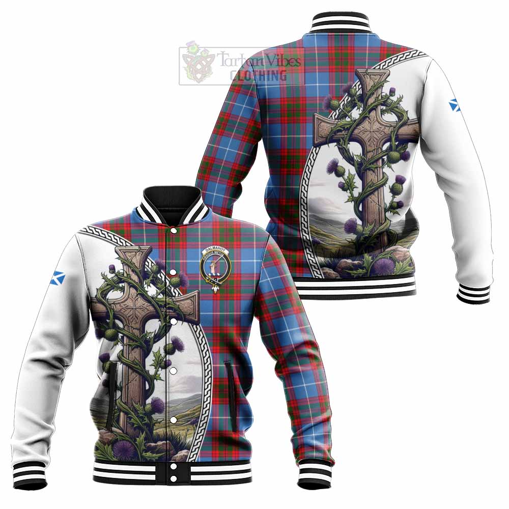 Tartan Vibes Clothing Dalmahoy Tartan Baseball Jacket with Family Crest and St. Andrew's Cross Accented by Thistle Vines