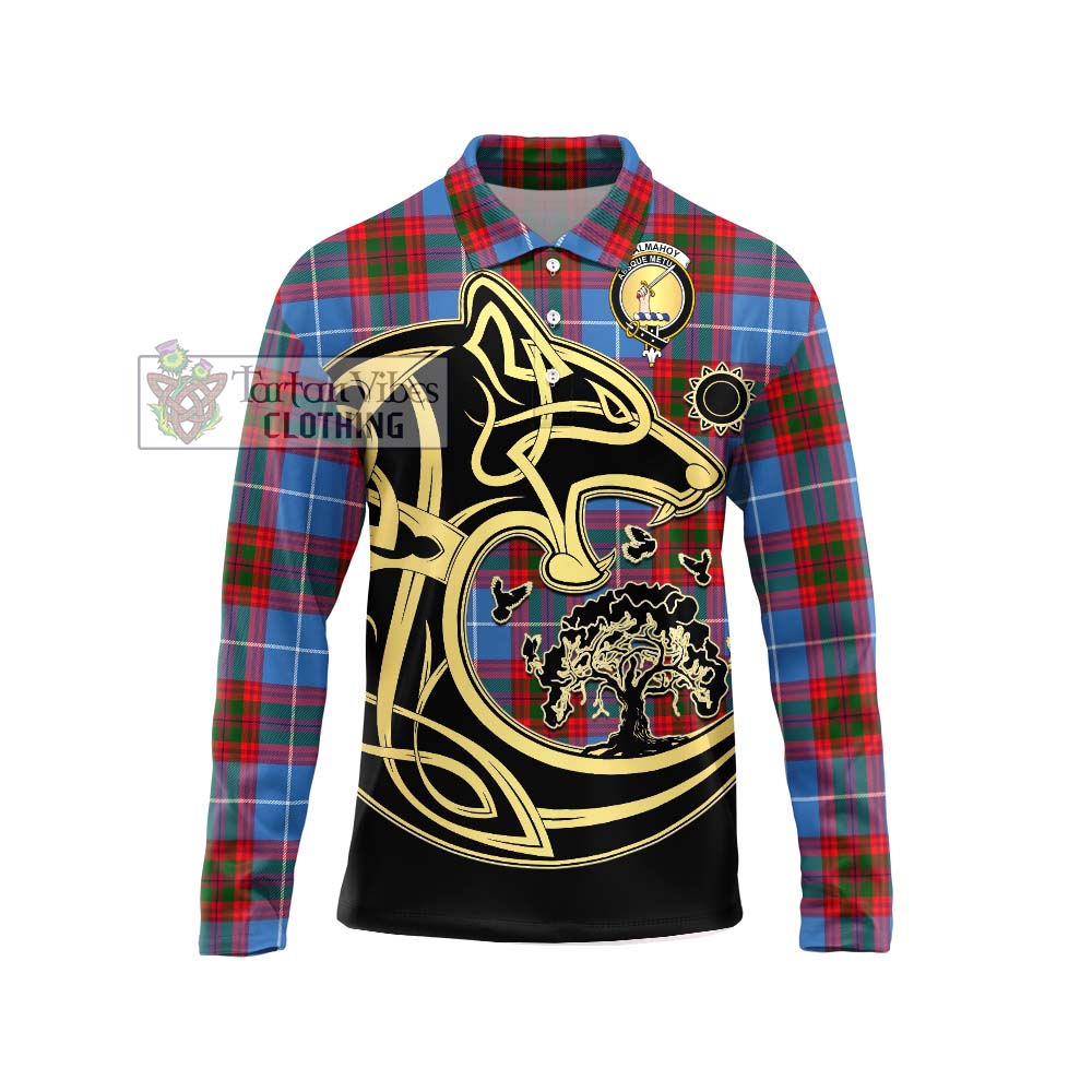 Tartan Vibes Clothing Dalmahoy Tartan Long Sleeve Polo Shirt with Family Crest Celtic Wolf Style