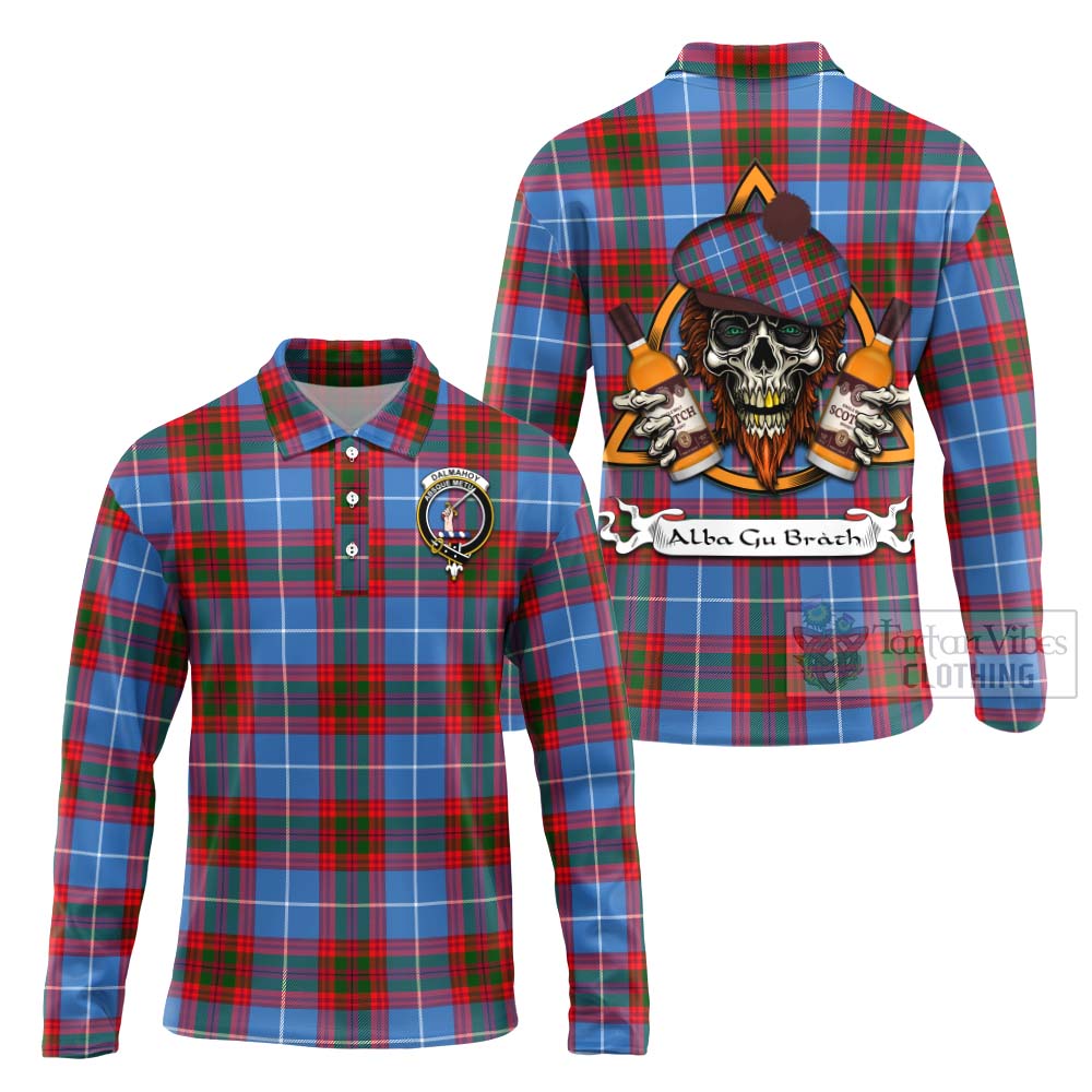 Tartan Vibes Clothing Dalmahoy Tartan Long Sleeve Polo Shirt with Family Crest and Bearded Skull Holding Bottles of Whiskey