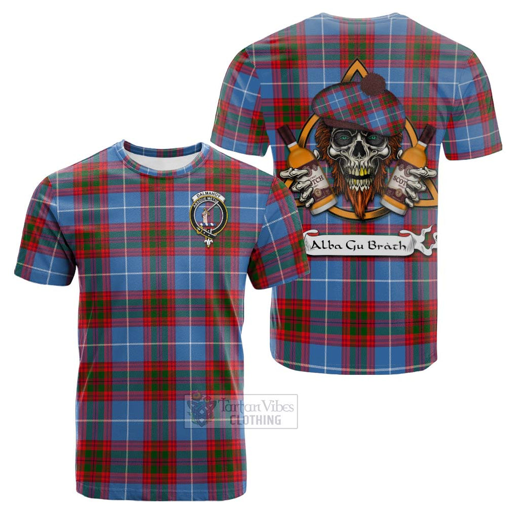 Tartan Vibes Clothing Dalmahoy Tartan Cotton T-shirt with Family Crest and Bearded Skull Holding Bottles of Whiskey