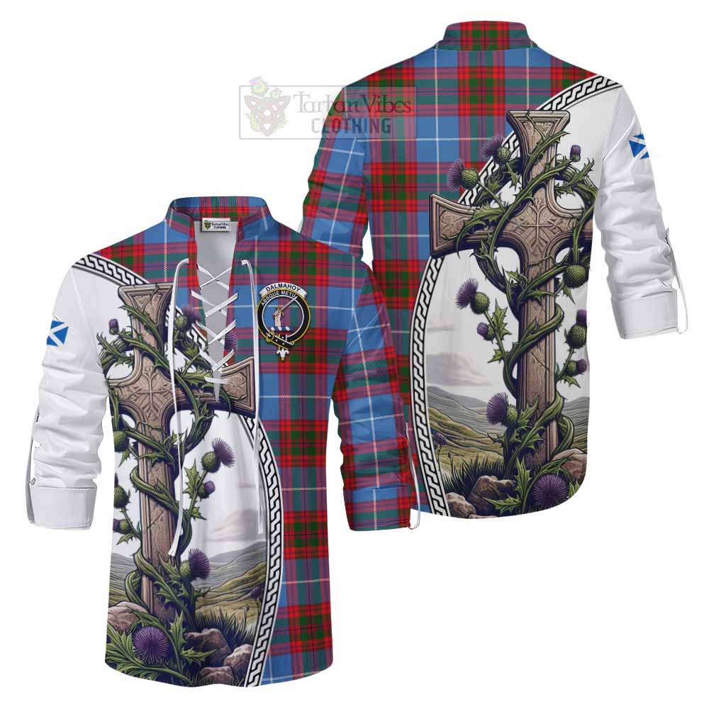 Tartan Vibes Clothing Dalmahoy Tartan Ghillie Kilt Shirt with Family Crest and St. Andrew's Cross Accented by Thistle Vines