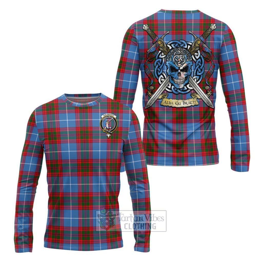 Tartan Vibes Clothing Dalmahoy Tartan Long Sleeve T-Shirt with Family Crest Celtic Skull Style