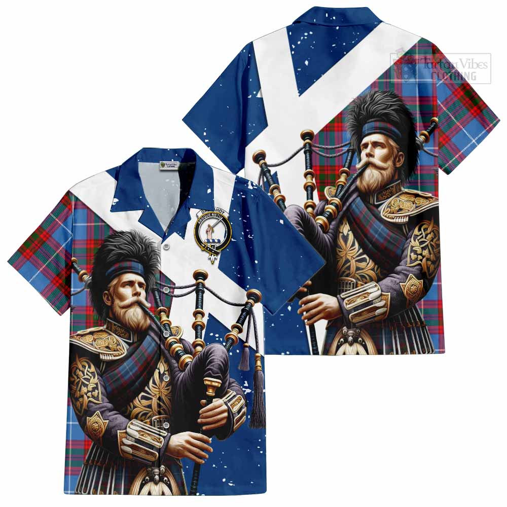 Tartan Vibes Clothing Dalmahoy Tartan Short Sleeve Button Shirt with Family Crest Scottish Bagpiper Vibes