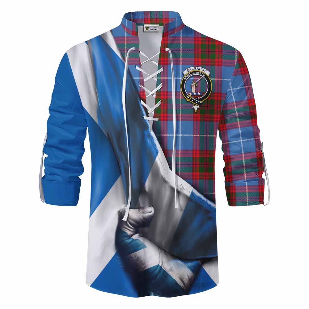 Tartan Vibes Clothing Dalmahoy Tartan Ghillie Kilt Shirt with Family Crest Scotland Patriotic Style