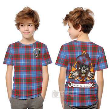 Dalmahoy Tartan Kid T-Shirt with Family Crest and Bearded Skull Holding Bottles of Whiskey