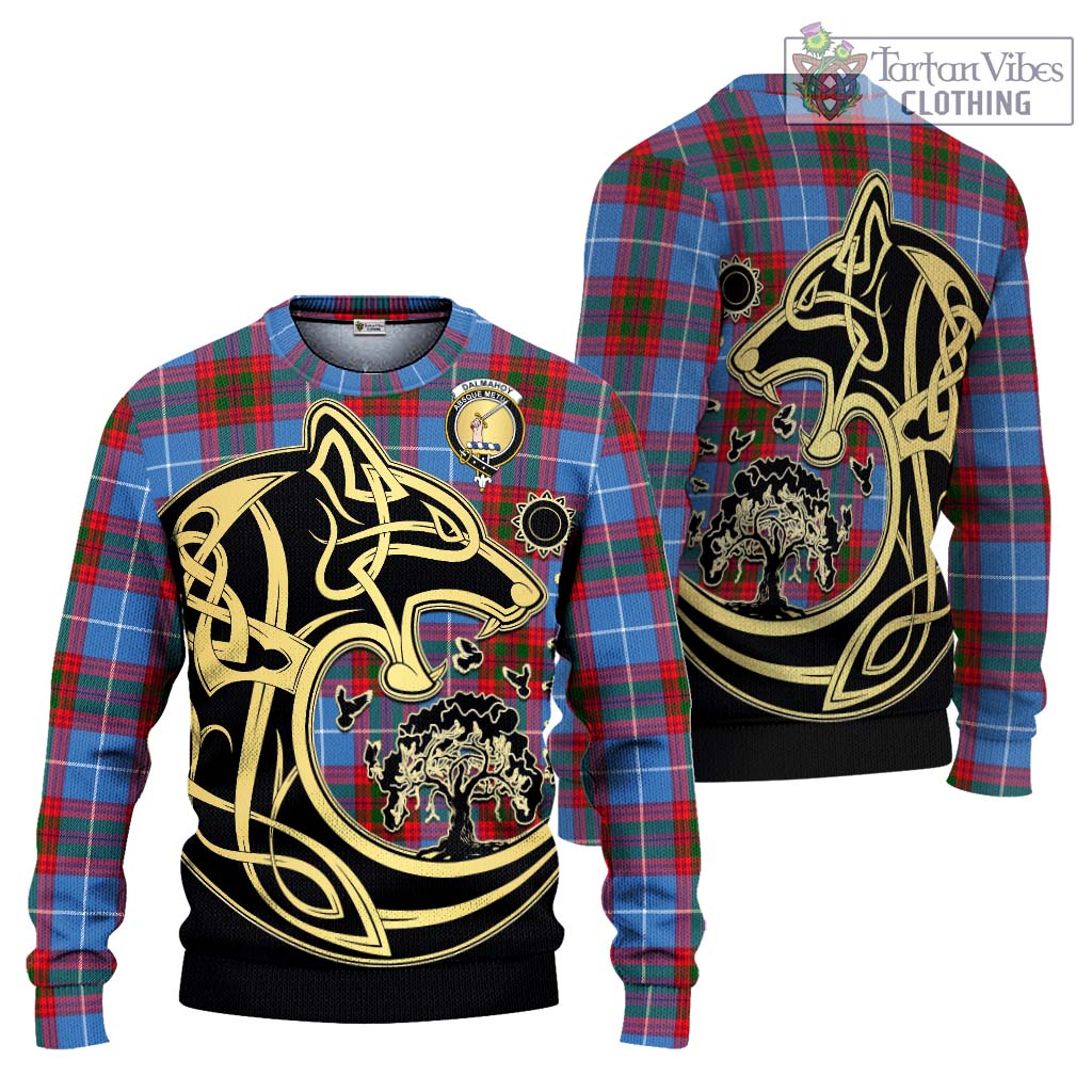 Tartan Vibes Clothing Dalmahoy Tartan Knitted Sweater with Family Crest Celtic Wolf Style