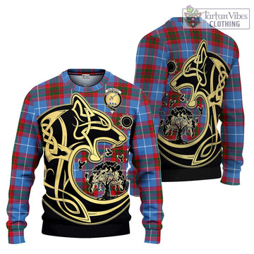 Dalmahoy Tartan Knitted Sweater with Family Crest Celtic Wolf Style