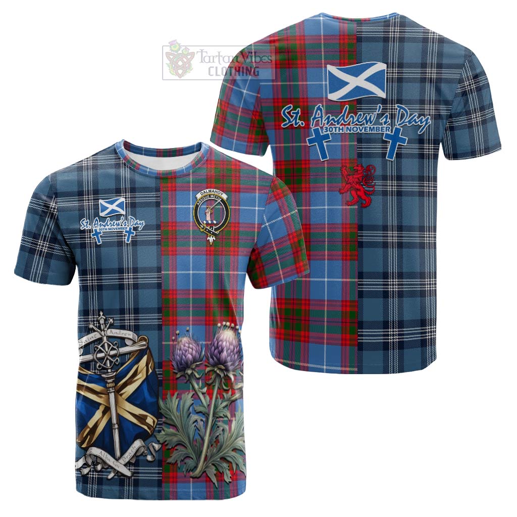 Tartan Vibes Clothing Dalmahoy Tartan Cotton T-shirt Happy St. Andrew's Day Half Tartan Style