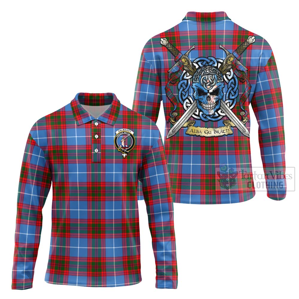 Tartan Vibes Clothing Dalmahoy Tartan Long Sleeve Polo Shirt with Family Crest Celtic Skull Style