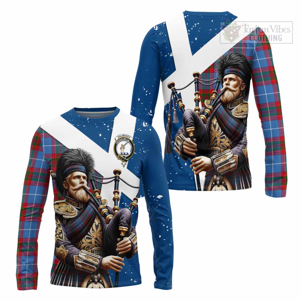 Tartan Vibes Clothing Dalmahoy Tartan Long Sleeve T-Shirt with Family Crest Scottish Bagpiper Vibes