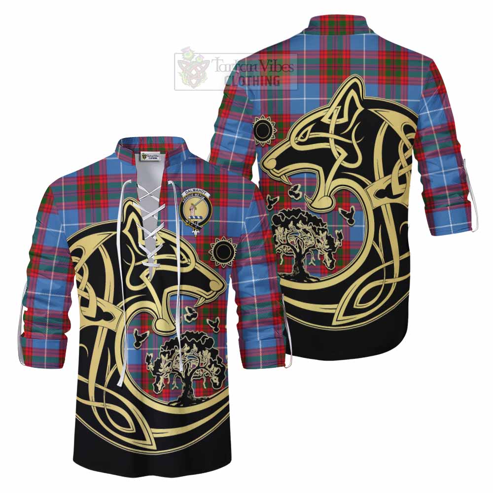 Tartan Vibes Clothing Dalmahoy Tartan Ghillie Kilt Shirt with Family Crest Celtic Wolf Style