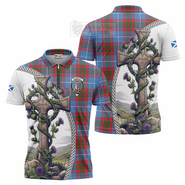 Dalmahoy Tartan Zipper Polo Shirt with Family Crest and St. Andrew's Cross Accented by Thistle Vines