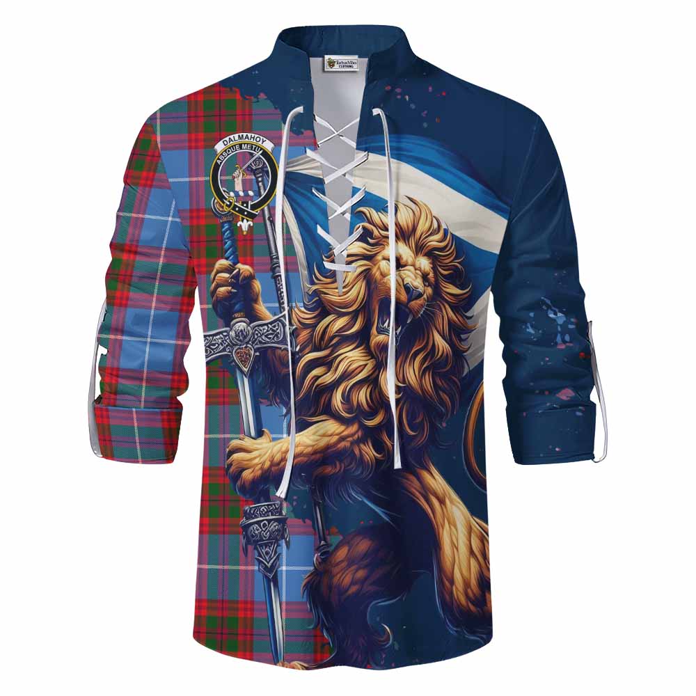 Tartan Vibes Clothing Dalmahoy Tartan Family Crest Ghillie Kilt Shirt with Scottish Majestic Lion