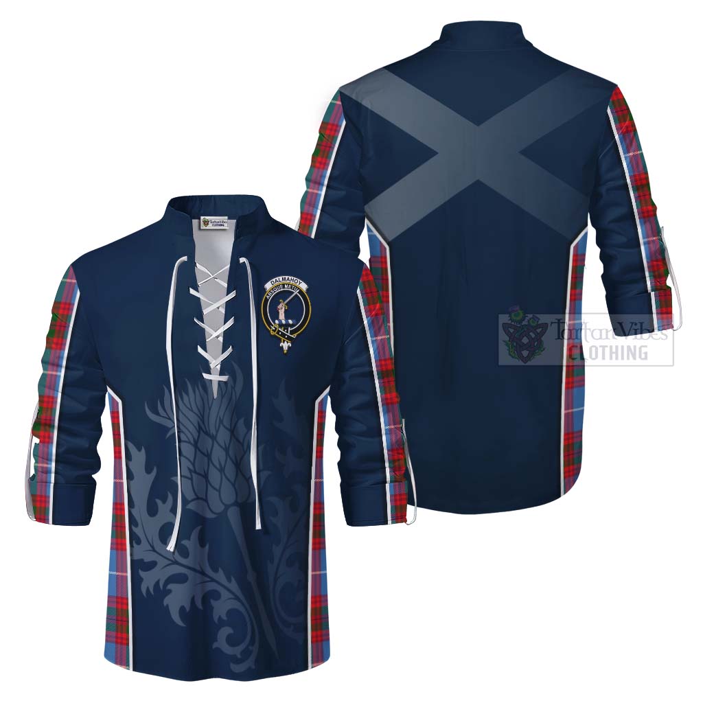 Tartan Vibes Clothing Dalmahoy Tartan Ghillie Kilt Shirt with Family Crest and Scottish Thistle Vibes Sport Style