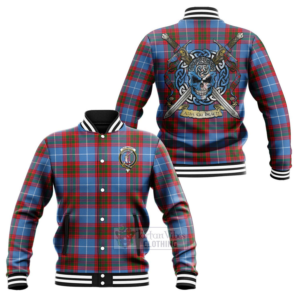 Tartan Vibes Clothing Dalmahoy Tartan Baseball Jacket with Family Crest Celtic Skull Style