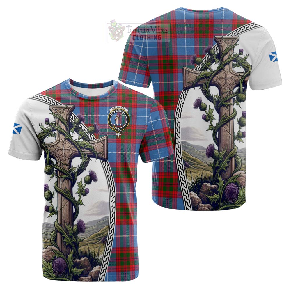 Tartan Vibes Clothing Dalmahoy Tartan Cotton T-shirt with Family Crest and St. Andrew's Cross Accented by Thistle Vines