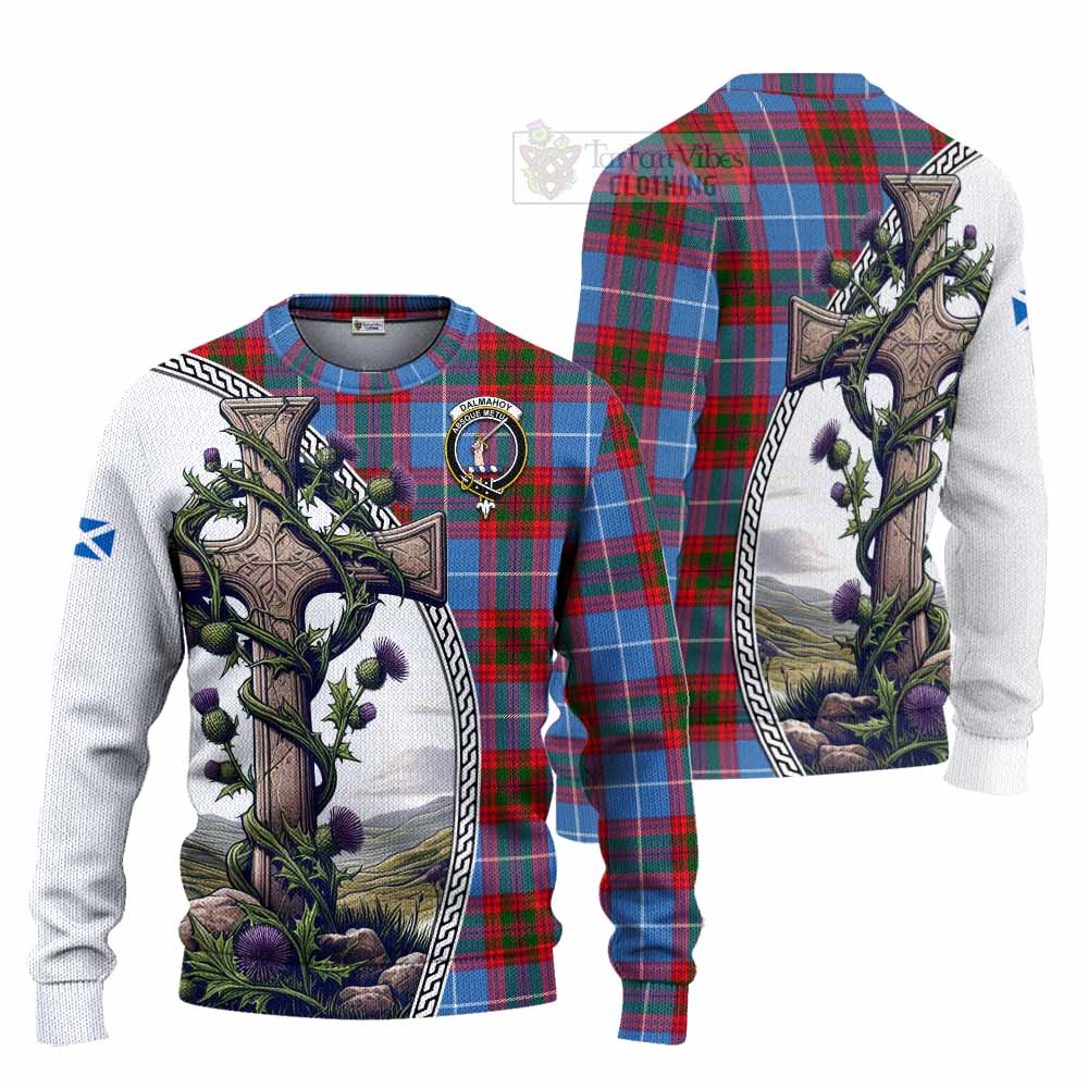 Tartan Vibes Clothing Dalmahoy Tartan Knitted Sweater with Family Crest and St. Andrew's Cross Accented by Thistle Vines