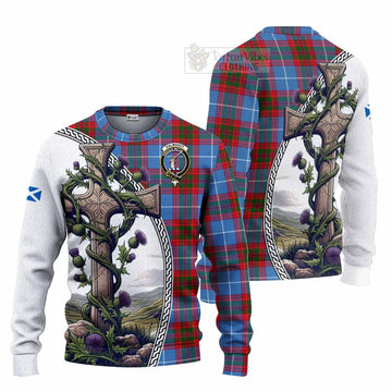 Dalmahoy Tartan Knitted Sweater with Family Crest and St. Andrew's Cross Accented by Thistle Vines