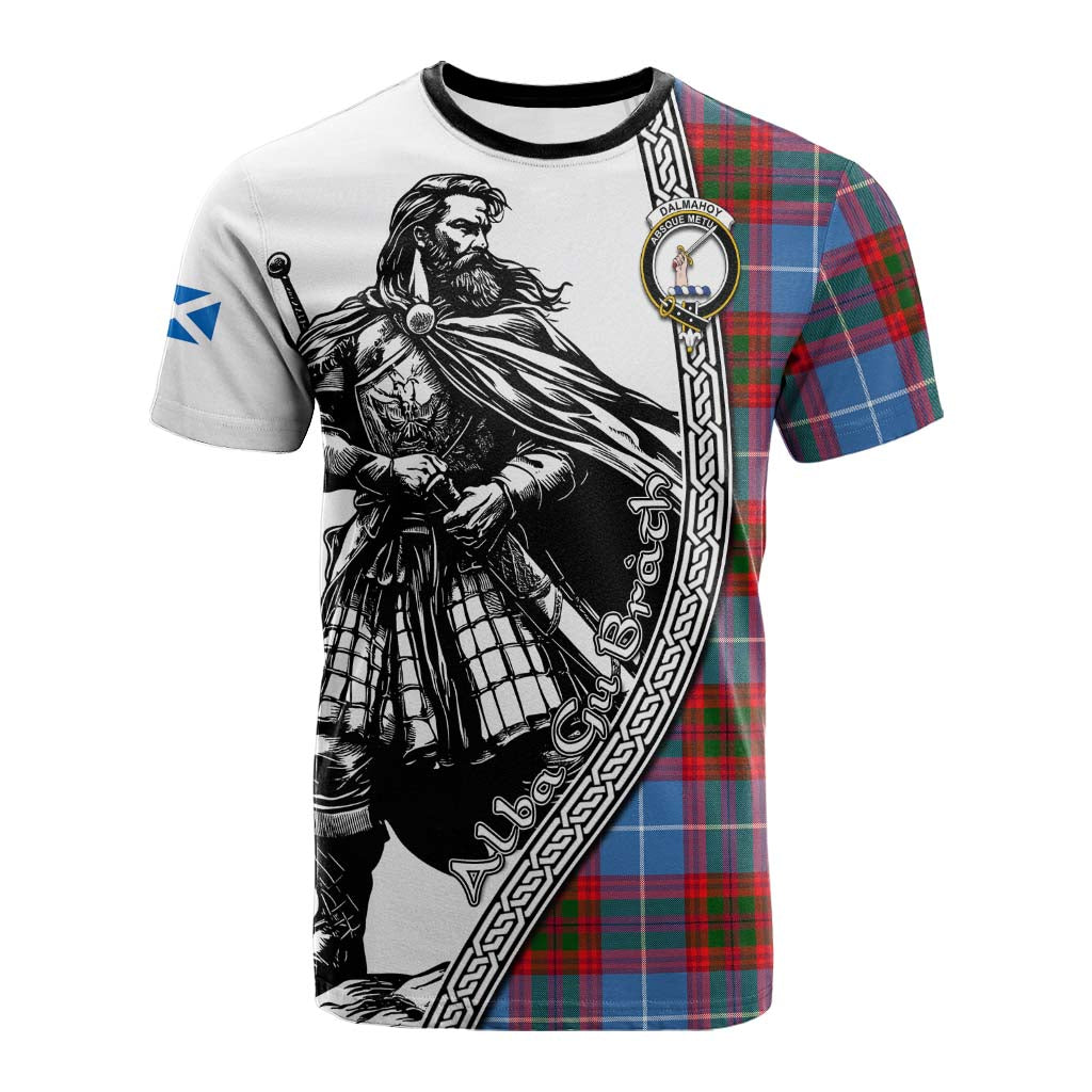 Dalmahoy Tartan Clan Crest Cotton T-shirt with Highlander Warrior Celtic Style